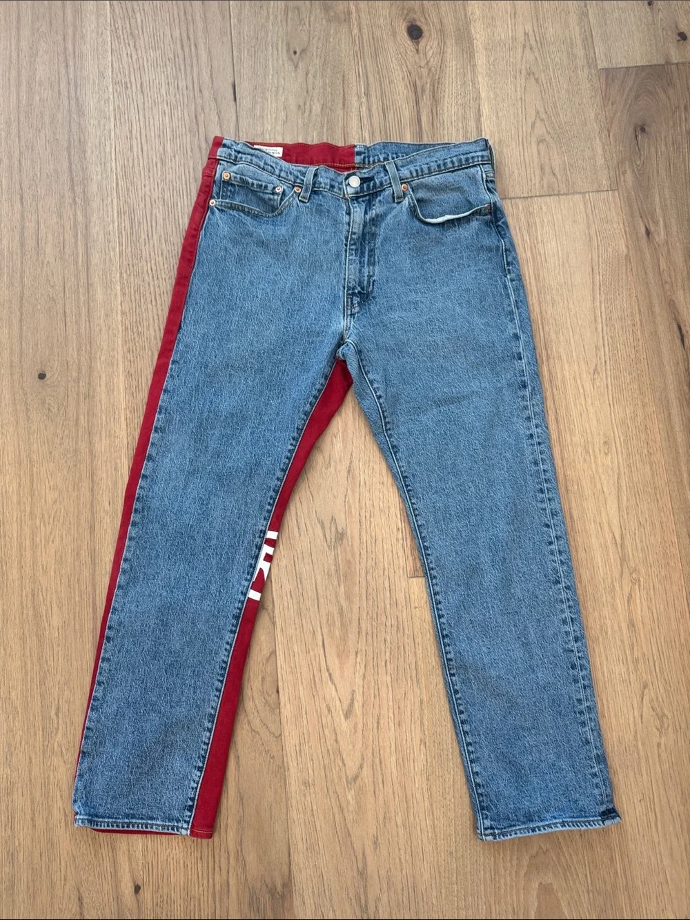 Levi’s 541 Athletic Taper Colorblock Jeans Mens W34 L30 Logo Spellout Red/Denim